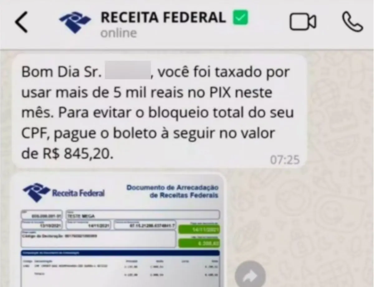 Receita Federal faz alerta contra golpe da cobrança de taxa sobre Pix via aplicativos de mensagens